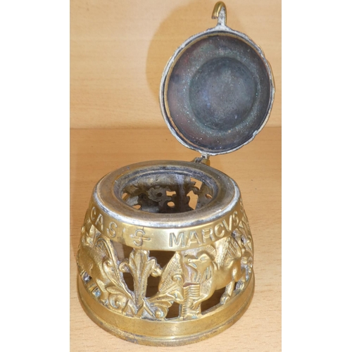 95 - A vintage brass Sanctuary bell and clanger and another in the style of an inkwell (missing liner).