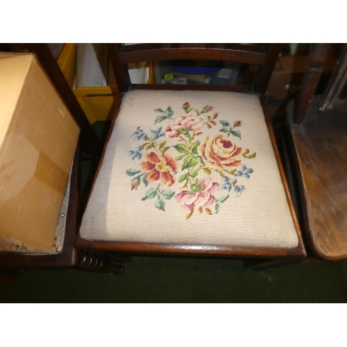 475 - A vintage mahogany chair with carved panel and tapestry seat.