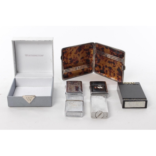 77 - A vintage silver-plated cigarette case and a collection of lighters, to include Zippo and more.