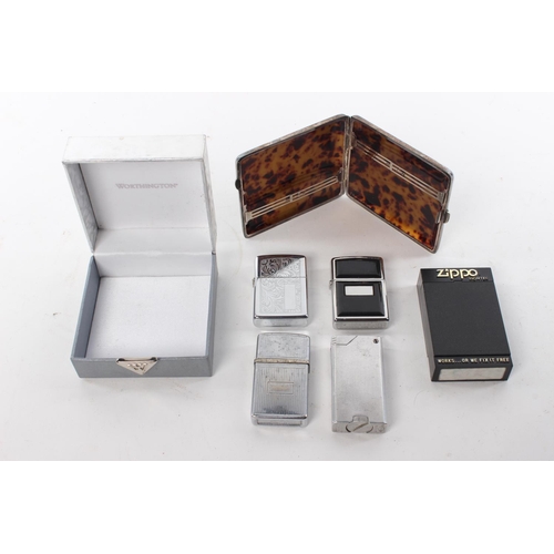 77 - A vintage silver-plated cigarette case and a collection of lighters, to include Zippo and more.