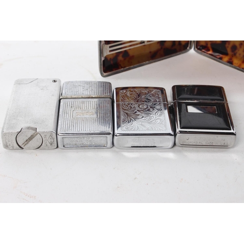 77 - A vintage silver-plated cigarette case and a collection of lighters, to include Zippo and more.