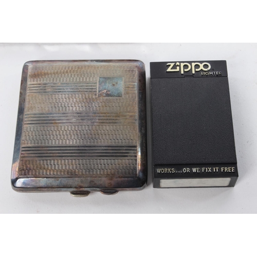 77 - A vintage silver-plated cigarette case and a collection of lighters, to include Zippo and more.