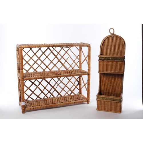 112 - A vintage wicker wall mountable shelving unit and another.