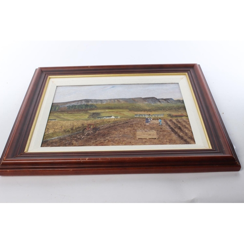 200 - A framed painting of a rural farming scene. Approx  34x24cm.