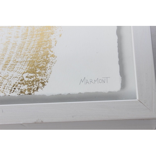 213 - A framed gold leaf art work of a cross section of a tree, signed 'Marmont'. Approx  48x37cm.