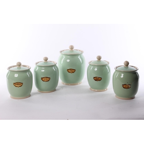 333 - A stunning set of 5 antique stoneware kitchen storage jars.