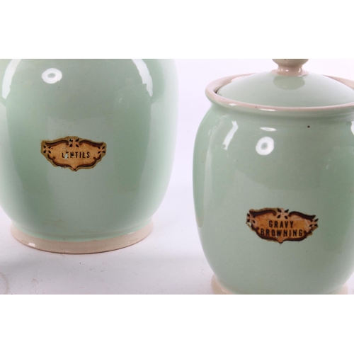 333 - A stunning set of 5 antique stoneware kitchen storage jars.