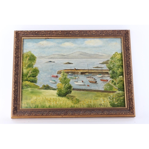 363 - A framed original oil on board painting of a river scene, signed by the Artist, A.H. Approx 38x27cm.