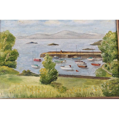 363 - A framed original oil on board painting of a river scene, signed by the Artist, A.H. Approx 38x27cm.