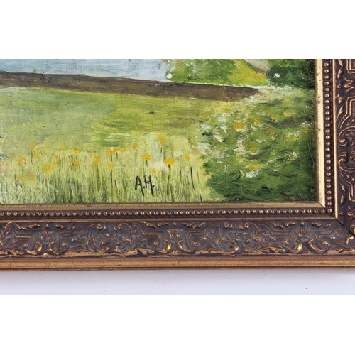 363 - A framed original oil on board painting of a river scene, signed by the Artist, A.H. Approx 38x27cm.