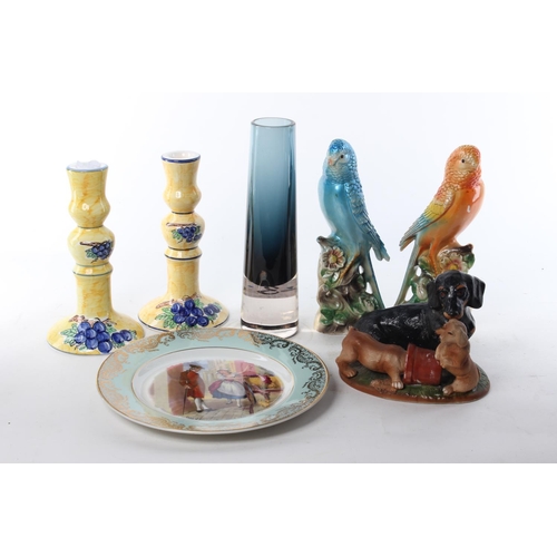 433 - An assortment of various ceramics to include pair of ceramic budgies & vintage glass vase.