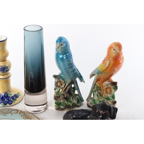 433 - An assortment of various ceramics to include pair of ceramic budgies & vintage glass vase.