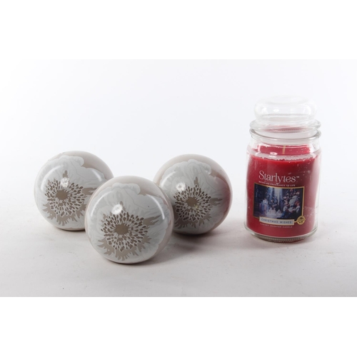 442 - A set of 3 decorative glass balls & candle.