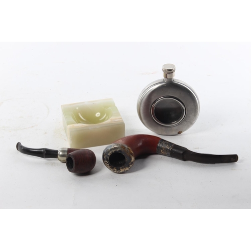 473 - 2 vintage pipes with silver collars, a hipflask & vintage marble ashtray.