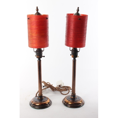 483 - A stunning pair of original antique/ Art Deco period copper table lamps with fibre spun shades.