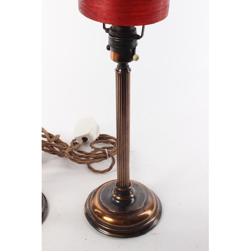 483 - A stunning pair of original antique/ Art Deco period copper table lamps with fibre spun shades.