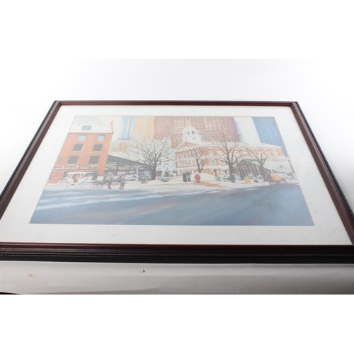 493 - A framed limited edition print of a street scene, signed by the Artist Linda Ravella.