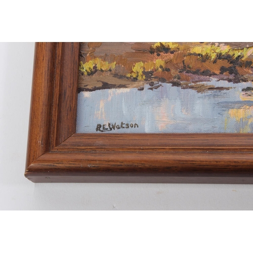 49 - An original oil on board painting of a river scene, signed R E Watson, measuring 24x33cm.