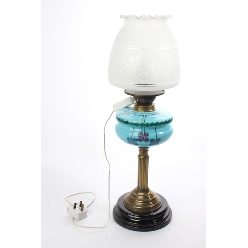 76 - An antique oil lamp with painted glass font & etched shade, which has been converted to electric. Me... 