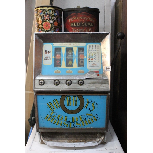 504 - A vintage Bobby's Golden Horse Shoe one arm bandit slot machine for restoration.