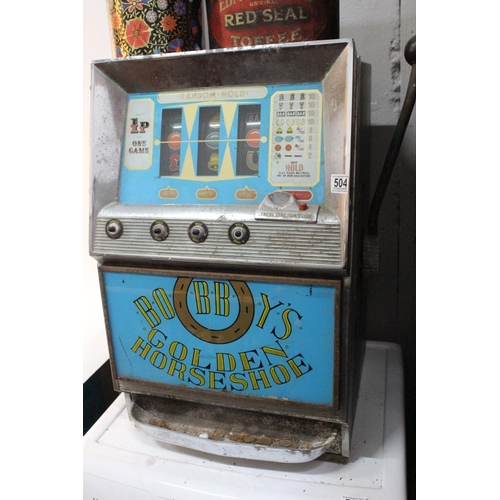 504 - A vintage Bobby's Golden Horse Shoe one arm bandit slot machine for restoration.