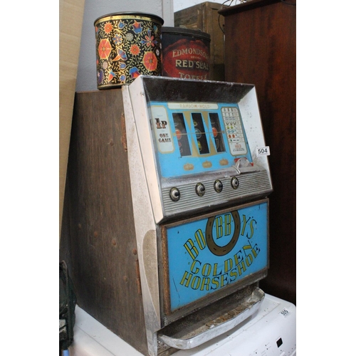 504 - A vintage Bobby's Golden Horse Shoe one arm bandit slot machine for restoration.