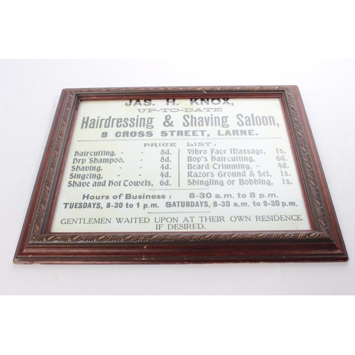 508 - A framed 'Jas H Knox - Hairdressing & Shaving Saloon - Larne' price list. Measuring 34x27cm.