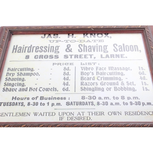 508 - A framed 'Jas H Knox - Hairdressing & Shaving Saloon - Larne' price list. Measuring 34x27cm.