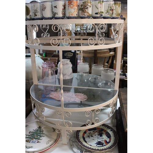 523 - A vintage/ retro wrought iron & glass demi lune table.