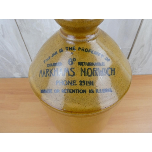 190 - An antique stoneware flagon ' Markhams Norwich' (a/f).