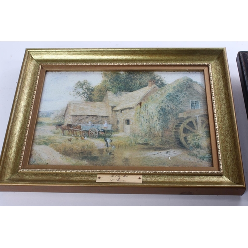 268 - A small framed oil painting and another print of a farmyard scene.