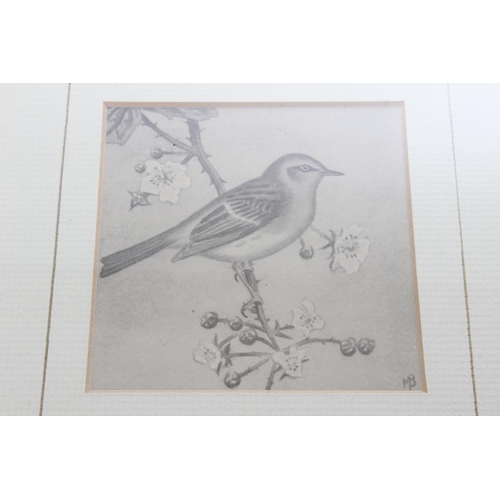 308 - Three small framed pictures of birds and a small wooden framed tapestry.