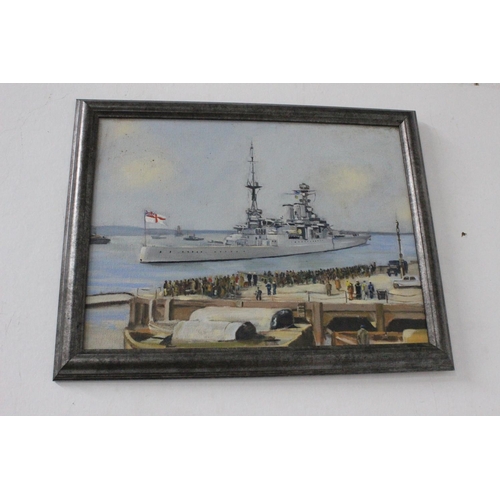 388 - A framed oil painting of a military ship, unsigned.