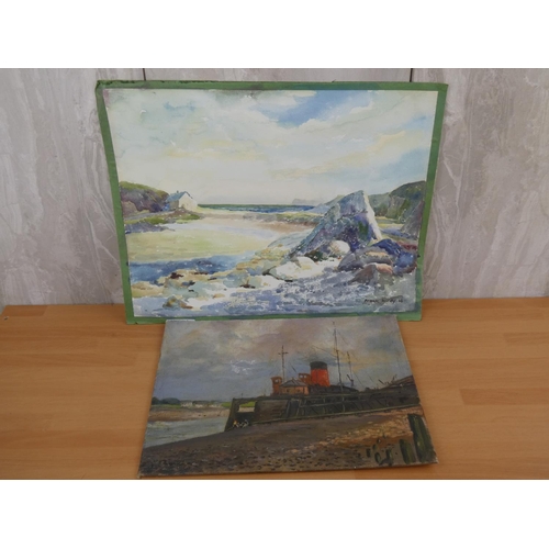 476 - An unframed watercolour of Ballintoy Harbour by Frank Hardy, Nottingham and an unframed oil painting... 