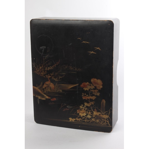 535 - An antique lacquered storage box with oriental hand painted design.