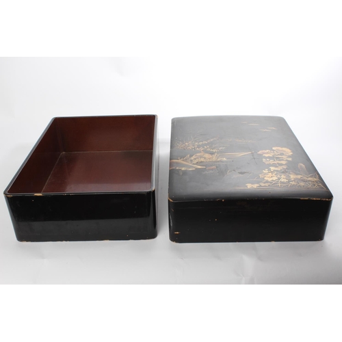 535 - An antique lacquered storage box with oriental hand painted design.