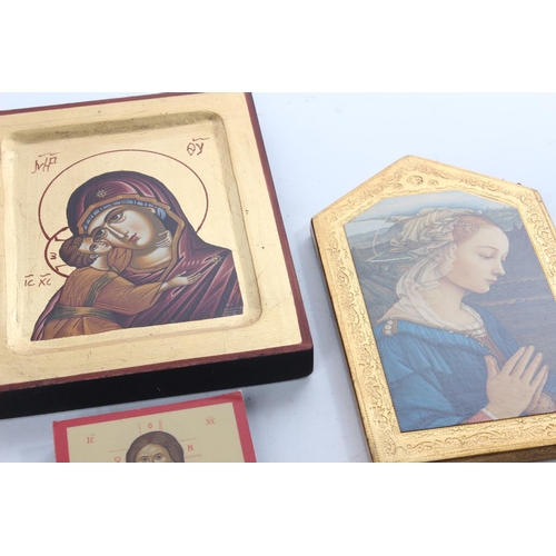 630 - 3 ecclesiastical art pieces on wood.