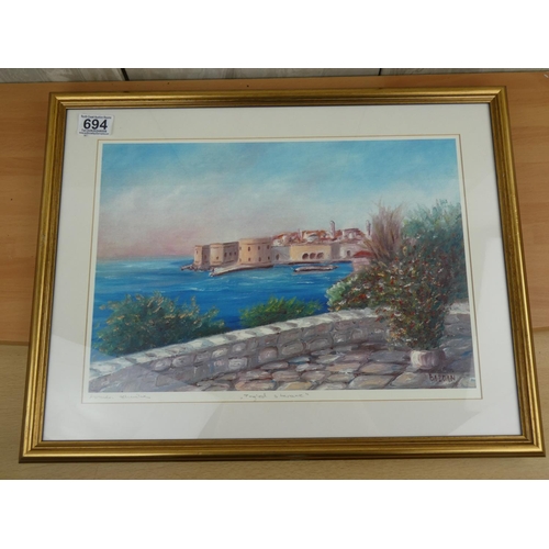 694 - A framed painting of a coastal scene, signed by artist Bazdan.