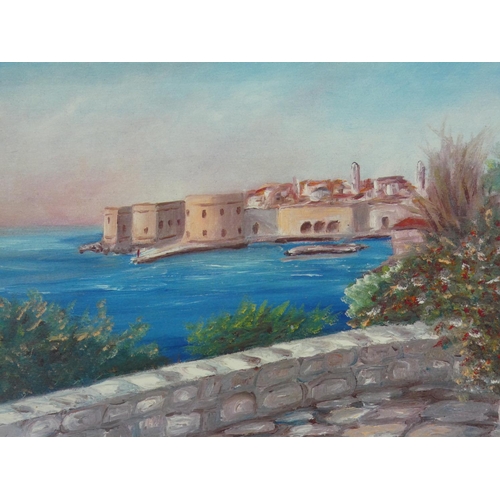 694 - A framed painting of a coastal scene, signed by artist Bazdan.