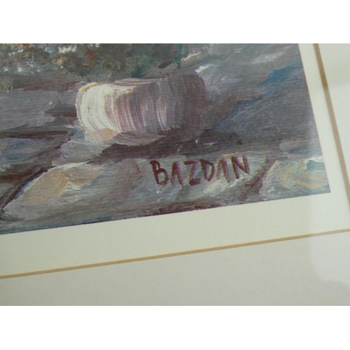 694 - A framed painting of a coastal scene, signed by artist Bazdan.