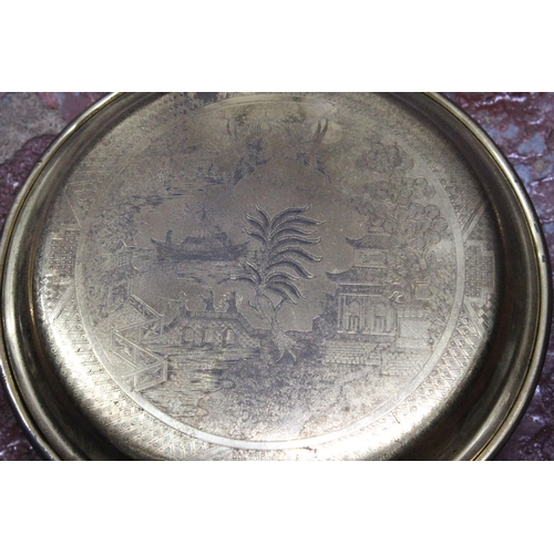 267 - An antique brass pan bed warmer with oriental design.