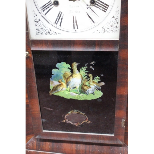 409 - An Antique American wall clock with decorative panel door of birds.