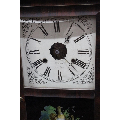 409 - An Antique American wall clock with decorative panel door of birds.