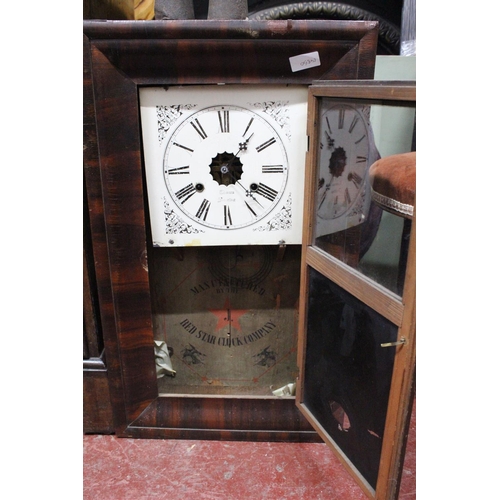 409 - An Antique American wall clock with decorative panel door of birds.