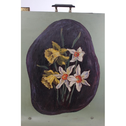 414 - A vintage firescreen hand painted with daffodils and another.