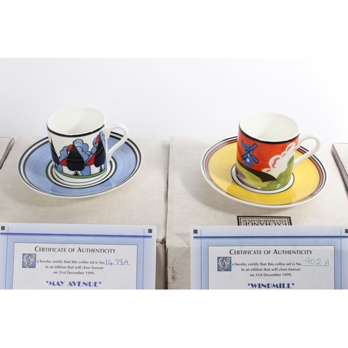 480 - Five boxed Bradford Exchange Wedgwood fine limited Clarice Cliff edition coffee cups with certificat... 