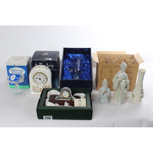 482 - A job lot of boxed ornaments and more to include a Tyrone Crystal mantle clock.