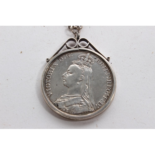 331 - An 1890 Victorian silver crown coin in pendant mount with chain.