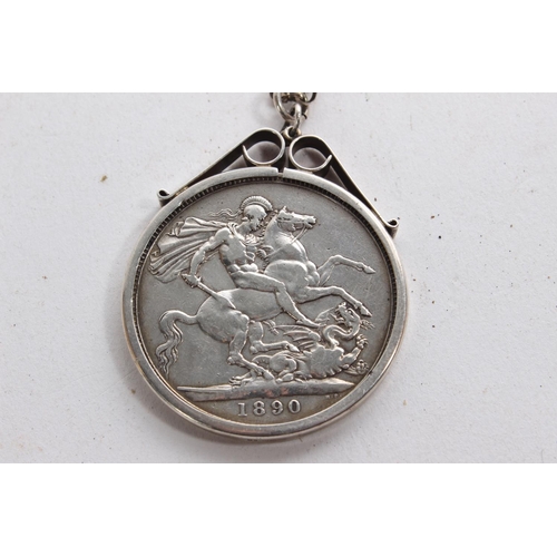 331 - An 1890 Victorian silver crown coin in pendant mount with chain.