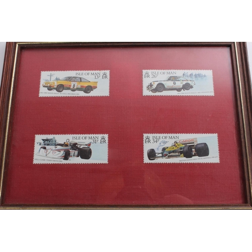 335 - A vintage Netto stamp album and contents and a framed set of four Isle of Man 'Manx Rally' postage s... 